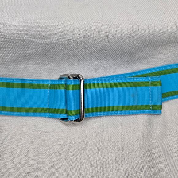 LANDS END Aqua Blue & Green Striped Grograin Ribbon Belt w/ Silver Rings Size XL - Picture 3 of 5